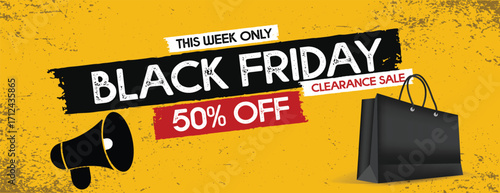 Black Friday Sale Horizontal Banner Template for Product Sale, Retail Discount Offers, Shopping Deals, Marketing Promotion Ads, and Modern Social Media Cover with grunge and brush shape background