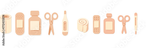 Crafting supplies and medical essentials arranged neatly on a light background for creative projects and first aid needs