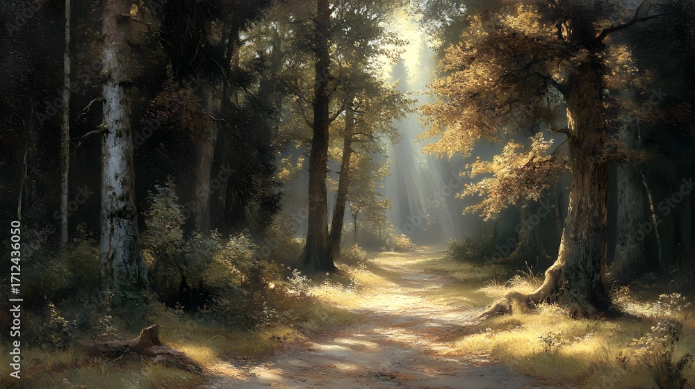 Naklejka premium Serene forest path illuminated by sunlight, showcasing lush greenery and tranquil atmosphere