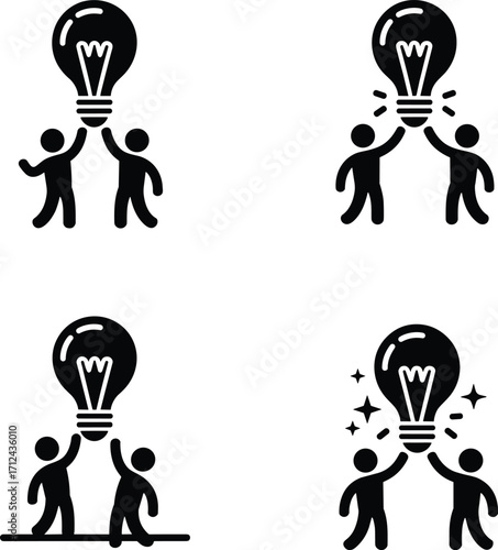 Teamwork collaboration concept, creative idea sharing, innovation partnership, brainstorming success, business cooperation, light bulb inspiration, 