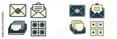 Collection of mail icons showcasing envelopes, letters, and stamps in a simple format suitable for various design projects