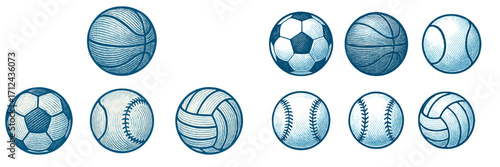 Collection of classic sports equipment featuring soccer, basketball, baseball, tennis, and volleyball balls in a stylized graphic design