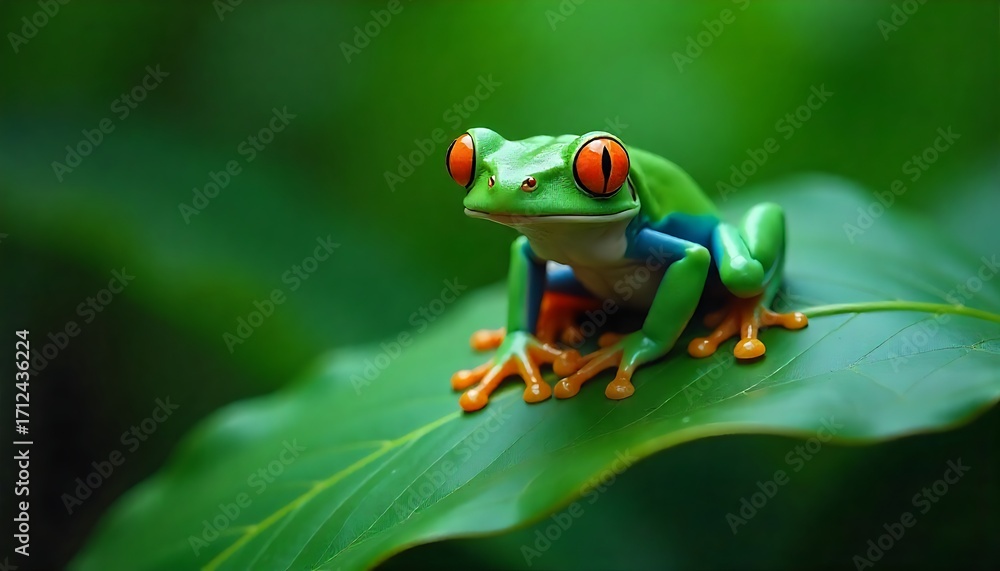 Fototapeta premium Vibrant red-eyed tree frog rests serenely on lush green leaf in tropical rainforest habitat
