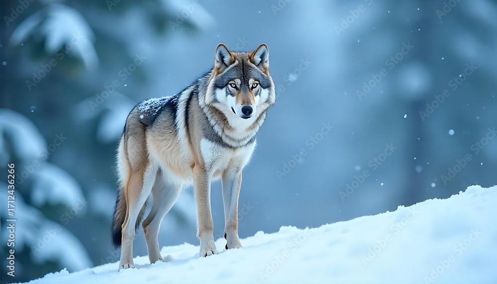 Fototapeta premium Majestic wolf stands alert on snowy ridge, winter forest background, intense gaze