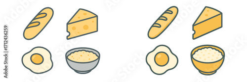 Assortment of basic food ingredients including a freshly baked baguette, a slice of cheese, a fried egg, and a bowl of rice