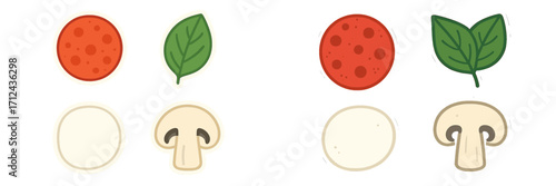 Overhead view of a vibrant assortment of fresh pizza ingredients, including pepperoni slices, green basil leaves, sliced mushrooms, and raw pizza dough bases, ready for cooking
