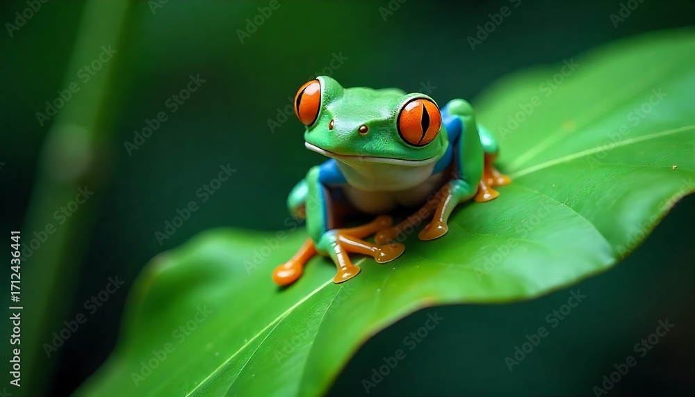 Naklejka premium Vibrant red-eyed tree frog perches on a lush green leaf, showcasing nature's stunning beauty and detail.