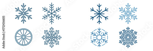 Various snowflake designs showcasing intricate patterns in different shades of blue and white