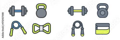 Weightlifting equipment laid out for a workout session in a fitness studio with kettlebells and dumbbells