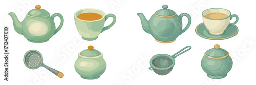 Collection of vintage tea set illustrations featuring teapots, cups, and accessories in soft green colors