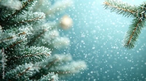 Close - up of Frosty Pine Needles with Falling Snowflakes