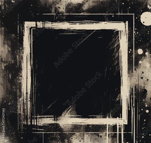 A dynamic abstract composition featuring a grungy square design framed with bold textures and splatters