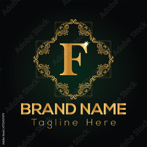 Golden letter F monogram with ornate frame and brand name text on dark green background vector