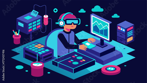 A virtual reality station where developers test new software and designs.