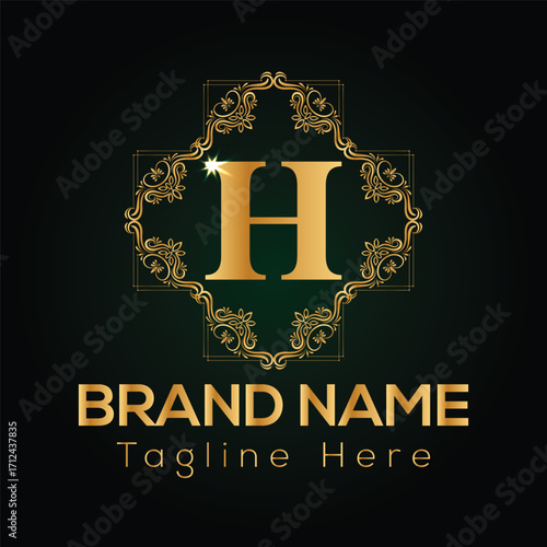 Golden letter H logo with ornate frame and brand name text monogram