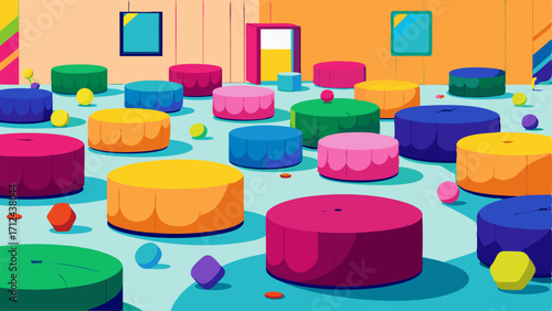 Brightly colored ottomans tered throughout the room.