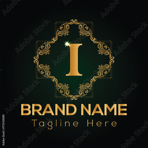 Golden letter I within ornate frame and brand name text on dark green background flourish