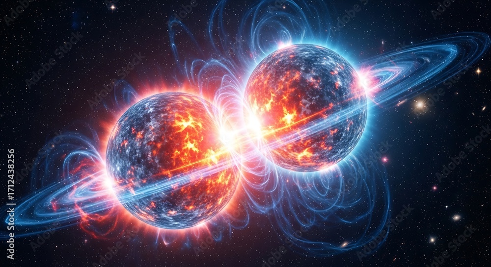 Obraz premium Collision of Two Neutron Stars Creating Powerful Energy Burst in Deep Space 