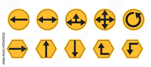  traffic arrows. Arrow symbol painted. Road traffic direction arrows flat set. Icons with direction arrows. Two way traffic road sign in yellow diamond.