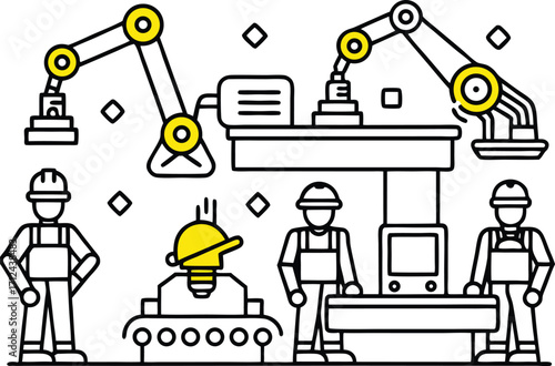 Vector cartoon icon set of construction workers, people, and machines on a building site