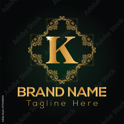 Golden letter K monogram with ornate floral frame and brand name text logo