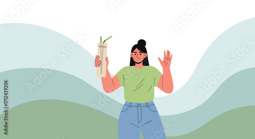 Cheerful Person Holding Water Bottle in Nature Scene, Waving to Someone Happily