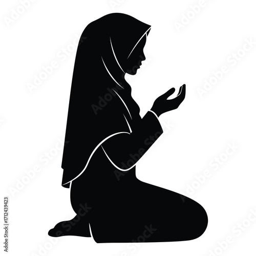 Silhouette of a muslim woman in prayer or supplication wearing a hijab silhouette