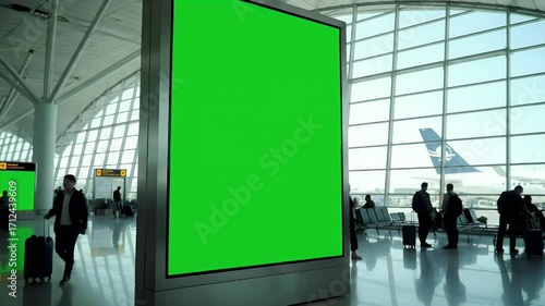 Blank green screen billboard in a modern airport terminal with travelers and an airplane visible through the window. Digital advertising space.