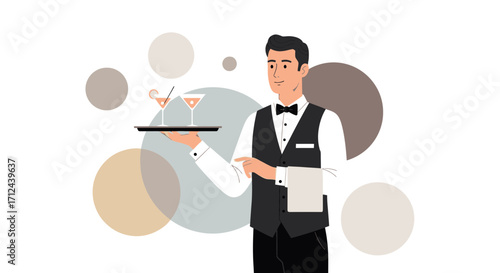 Attentive Bartender Presenting Cocktails On A Tray Inside A Stylish And Clean Setting