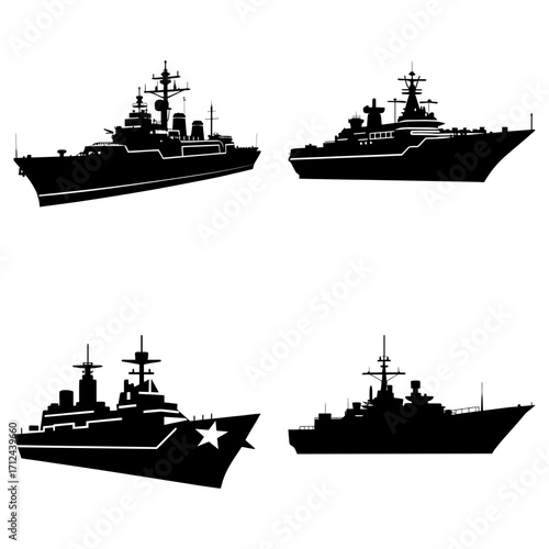 Silhouette illustration featuring a collection of four distinct naval warships on a white background