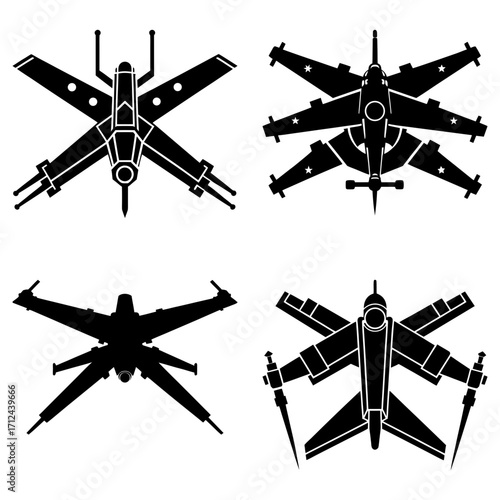 Four stylized black and white fighter jet silhouettes arranged in a square formation on white background