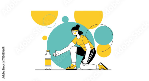 Athletic Woman Reaches for Hydration During Fitness Routine in Vibrant Color Illustration