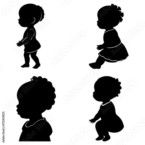 Four silhouette images of a baby in different poses including standing sitting and squatting on a white background