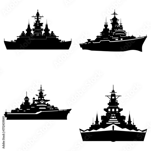 Four silhouette illustrations of battleships with detailed superstructures and weaponry designs shown