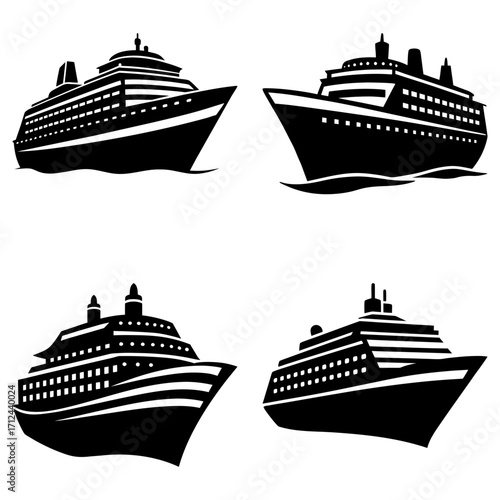 Four cruise ships in black silhouette against white background showing different angles of the vessels