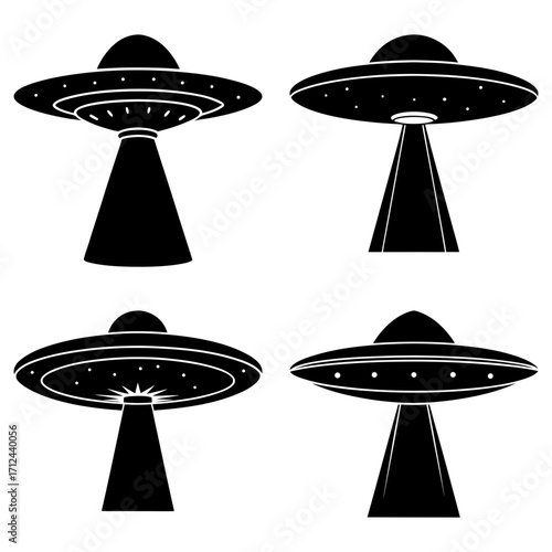 Four black and white ufo illustrations in a grid pattern against a white background showing alien spacecrafts