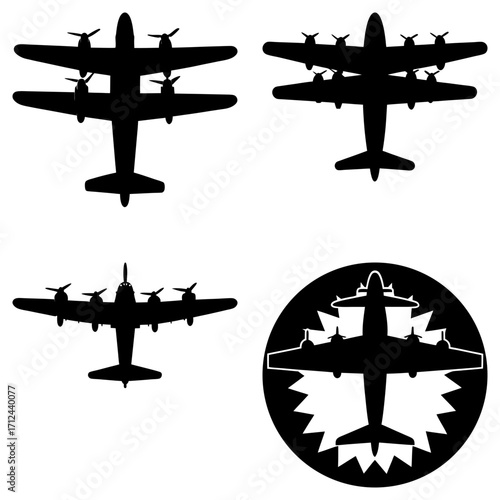 Silhouettes of four engine propeller airplanes in various orientations and a circular emblem design is shown