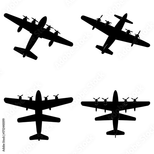 Four propeller plane silhouettes in various orientations against a white background are presented here