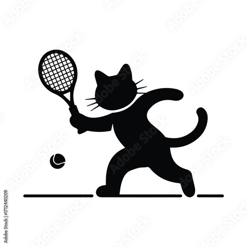 Playful black cat silhouette hitting a tennis ball with a racket silhouette