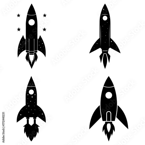 Four black and white rocket ships with different designs taking off into space with flames below them