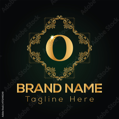 Golden letter O emblem with ornate frame and brand name text on dark green background logo monogram