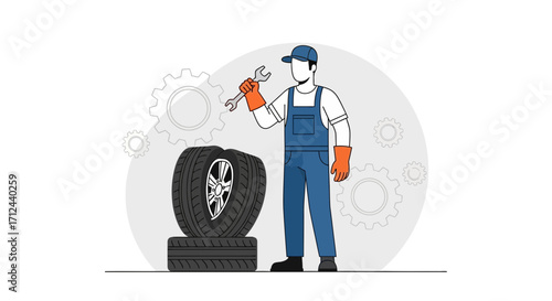 Automotive Mechanic Posing With Wrench While Standing Near New Tires at Garage