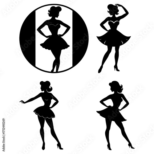 Silhouette illustrations of vintage women in various poses with a circular background element present