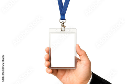 Hand holding blank ID badge on blue lanyard — isolated on transparent background