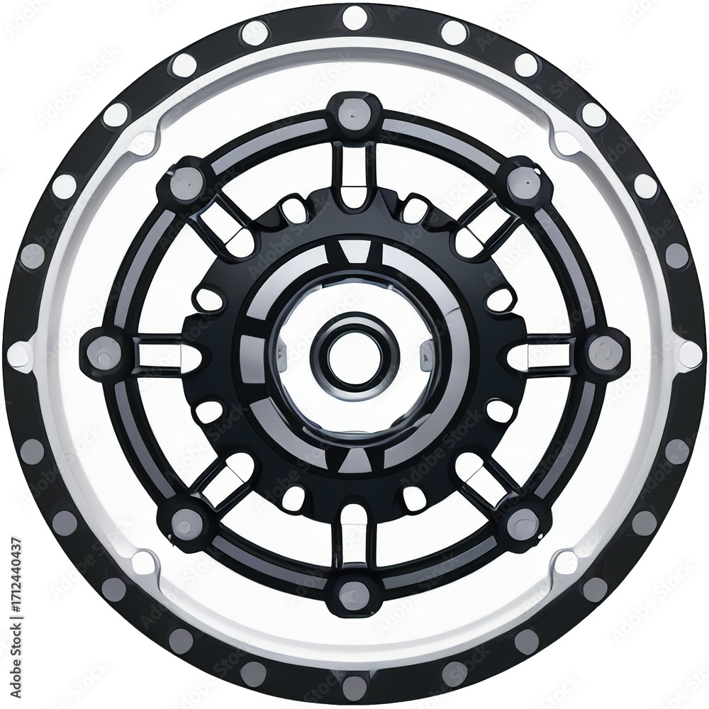 Obraz premium A round, metallic red poker chip symbol with a car engine part is a perfect business technology icon