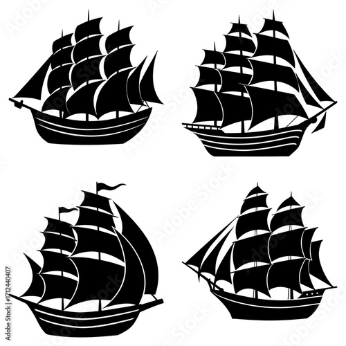 Four black silhouette images of sailing ships with multiple masts and sails on a white background display