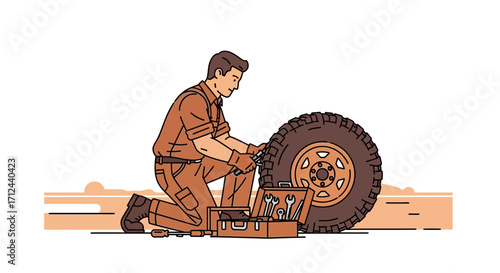Automotive Repair Specialist Working On A Tire Change With Tools For Vehicle Maintenance