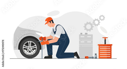 Automotive Service Technician Changing Car Tire in Modern Workshop Illustration