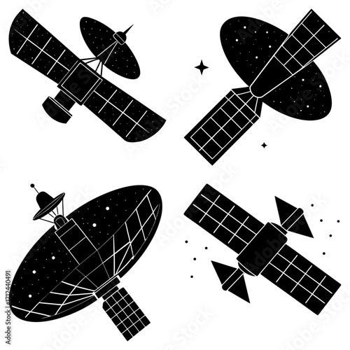 Illustration of four black and white space satellites with solar panels and antenna in various orientations