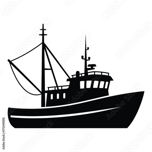 Silhouette of a fishing trawler boat with nets and mast for maritime transport and fishing operations silhouette